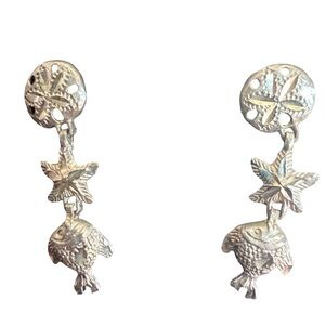 Silver Starfish and Fish Dangle Earrings 14 karat